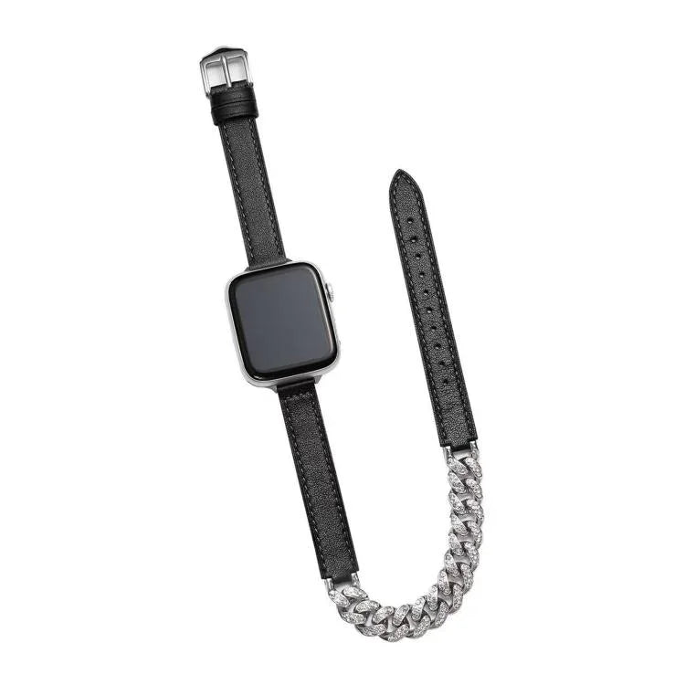 鑽石鑲嵌手鍊真皮錶帶，適用於 Apple Watch 46mm / 49mm / 45mm / 44mm，適用於 Apple Watch 42mm / 41mm / 40mm / 38mm