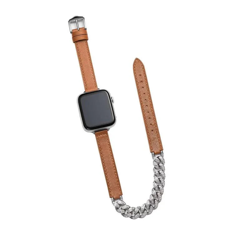 鑽石鑲嵌手鍊真皮錶帶，適用於 Apple Watch 46mm / 49mm / 45mm / 44mm，適用於 Apple Watch 42mm / 41mm / 40mm / 38mm