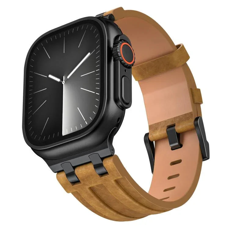 Crazy Horse 純素皮革不鏽鋼黑色扣錶帶，適用於 Apple Watch 46mm / 49mm / 45mm / 44mm