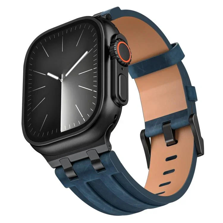Crazy Horse 純素皮革不鏽鋼黑色扣錶帶，適用於 Apple Watch 46mm / 49mm / 45mm / 44mm