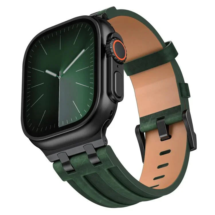 Crazy Horse 純素皮革不鏽鋼黑色扣錶帶，適用於 Apple Watch 46mm / 49mm / 45mm / 44mm