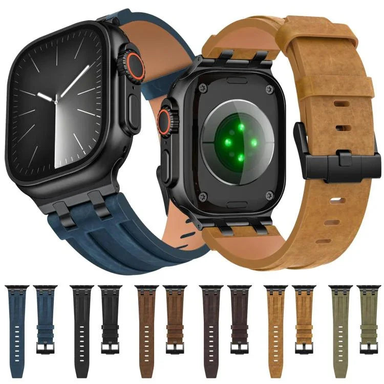 Crazy Horse 純素皮革不鏽鋼黑色扣錶帶，適用於 Apple Watch 46mm / 49mm / 45mm / 44mm