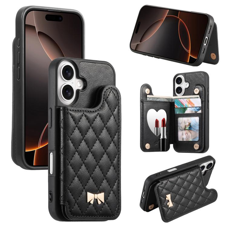 鏡面菱形紋理金屬蝴蝶結素皮卡包手機殼，適用於iPhone 17 Pro Max、iPhone 17 Pro、iPhone 17、iPhone 16 Pro Max、iPhone 16 Pro、iPhone 16 Plus、iPhone 16