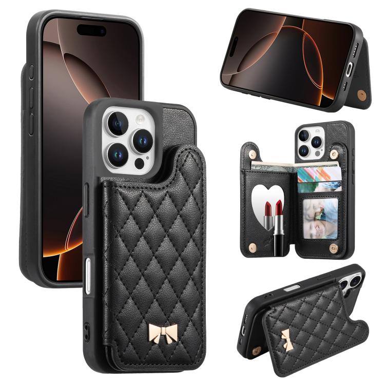 鏡面菱形紋理金屬蝴蝶結素皮卡包手機殼，適用於iPhone 17 Pro Max、iPhone 17 Pro、iPhone 17、iPhone 16 Pro Max、iPhone 16 Pro、iPhone 16 Plus、iPhone 16