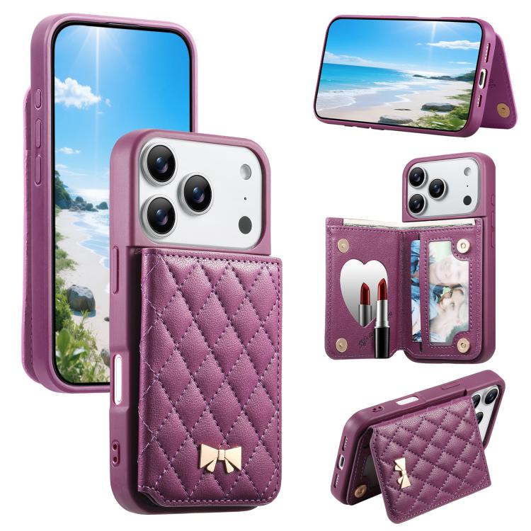 鏡面菱形紋理金屬蝴蝶結素皮卡包手機殼，適用於iPhone 17 Pro Max、iPhone 17 Pro、iPhone 17、iPhone 16 Pro Max、iPhone 16 Pro、iPhone 16 Plus、iPhone 16