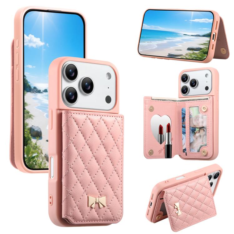 鏡面菱形紋理金屬蝴蝶結素皮卡包手機殼，適用於iPhone 17 Pro Max、iPhone 17 Pro、iPhone 17、iPhone 16 Pro Max、iPhone 16 Pro、iPhone 16 Plus、iPhone 16