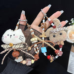 Fabric Kitten and Plush Rabbit Phone Charm, Gray, White