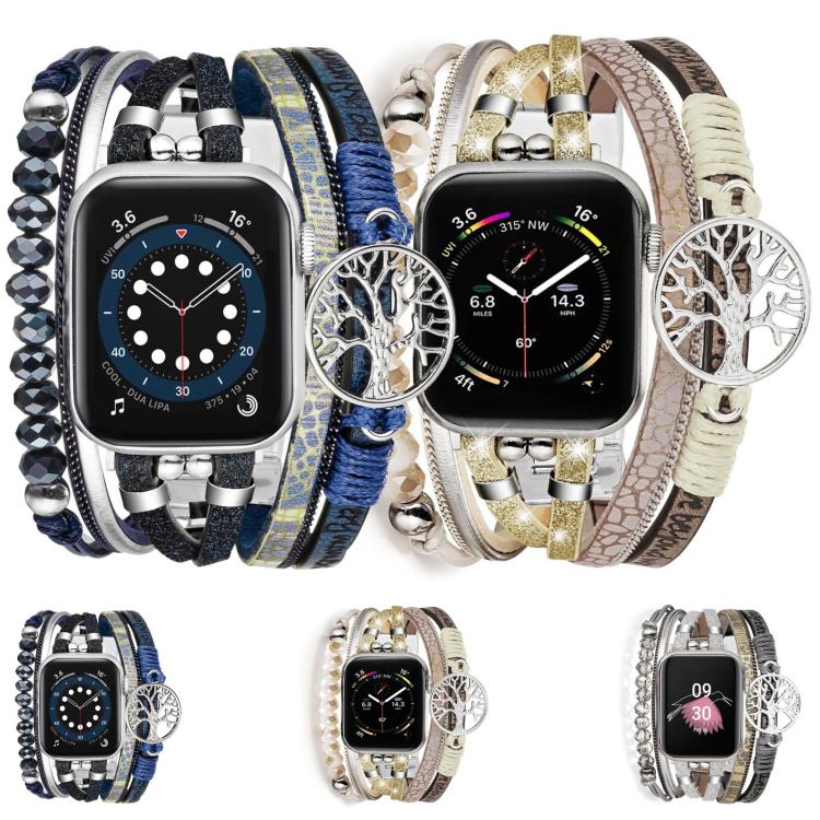 生命樹吊墜金屬真皮錶帶，適用 Apple Watch 46mm / 49mm / 45mm / 44mm，適用 Apple Watch 42mm / 41mm / 40mm / 38mm