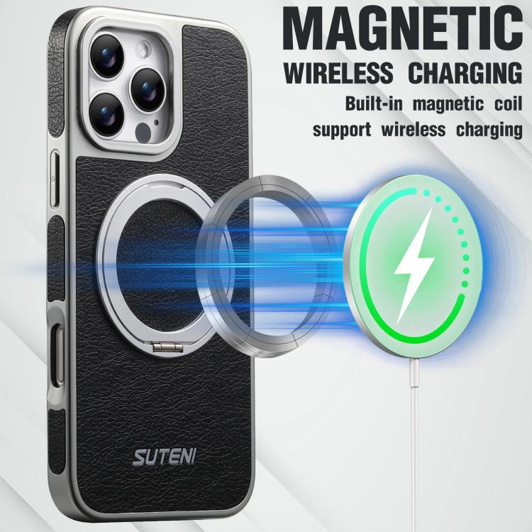 Suteni G6 瘋馬紋理電鍍360度旋轉支架磁吸手機殼，適用於 iPhone 13 Pro Max、iPhone 13 Pro