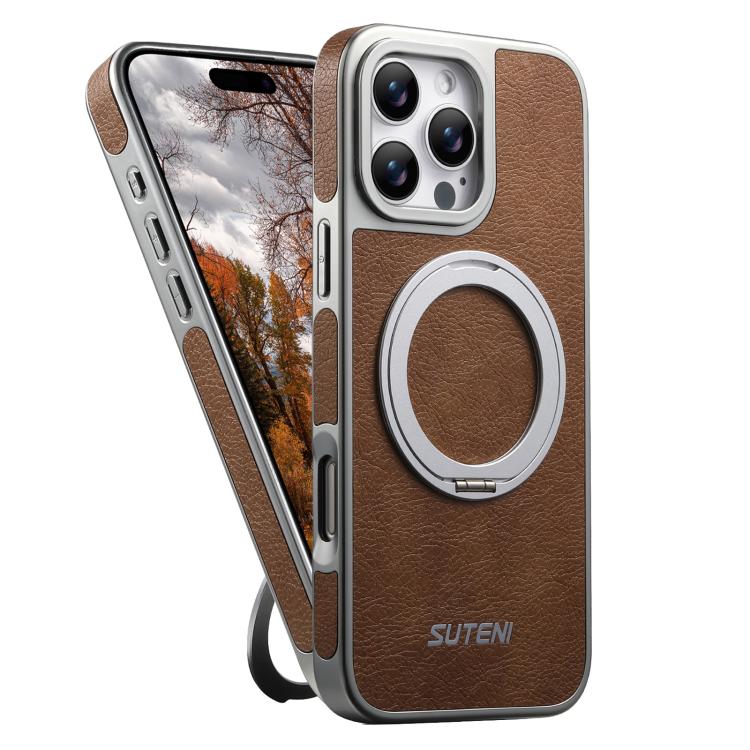 Suteni G6 瘋馬紋理電鍍360度旋轉支架磁吸手機殼，適用於 iPhone 13 Pro Max、iPhone 13 Pro