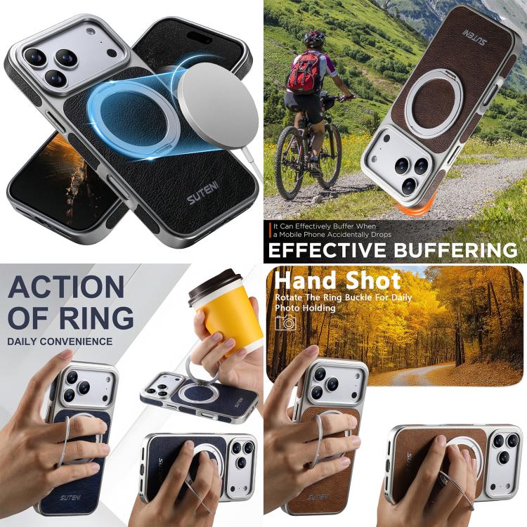 Suteni G6 瘋馬紋理電鍍360度旋轉支架磁吸手機殼，適用於 iPhone 13 Pro Max、iPhone 13 Pro