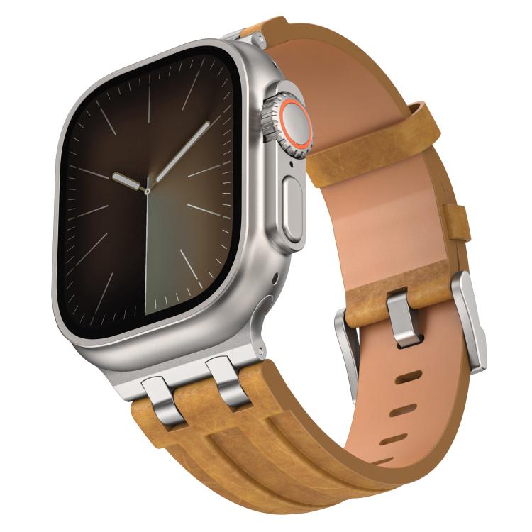 瘋馬素皮不鏽鋼銀色扣錶帶，適用於 Apple Watch 46mm / 49mm / 45mm / 44mm