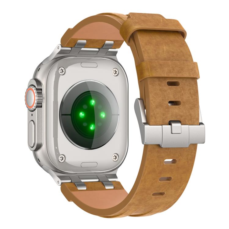 瘋馬素皮不鏽鋼銀色扣錶帶，適用於 Apple Watch 46mm / 49mm / 45mm / 44mm