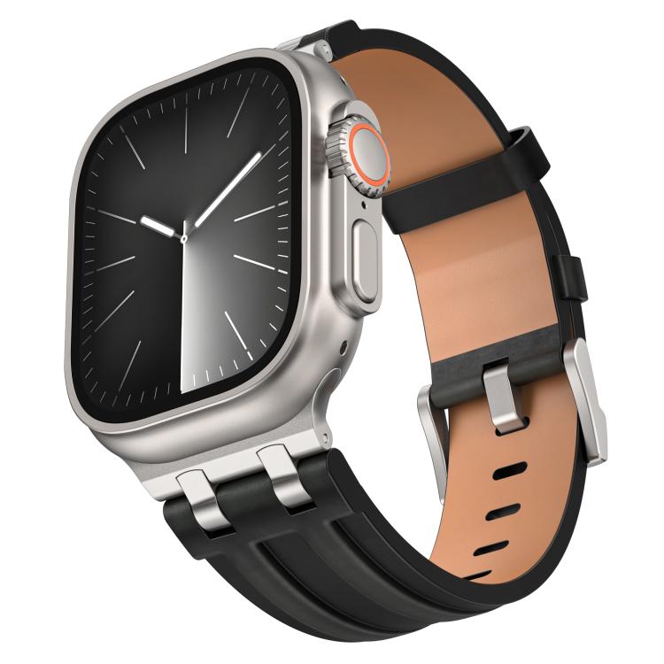 瘋馬素皮不鏽鋼銀色扣錶帶，適用於 Apple Watch 46mm / 49mm / 45mm / 44mm