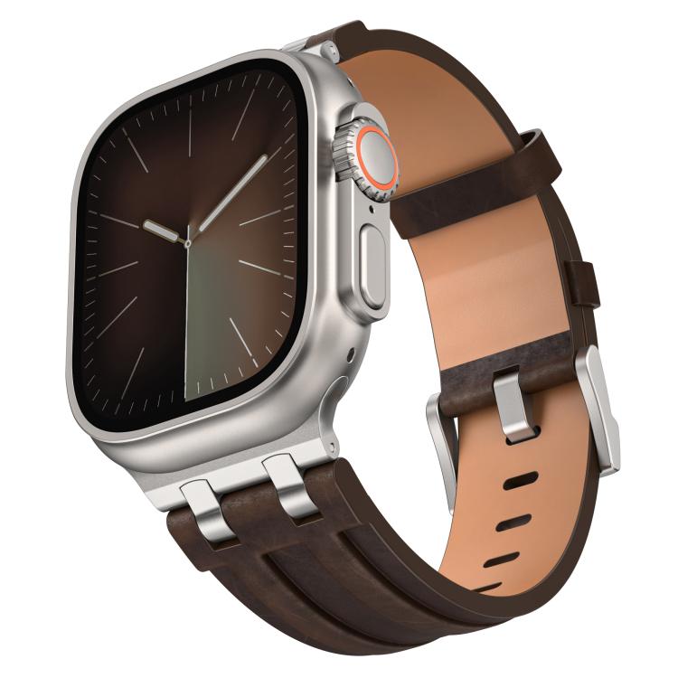 瘋馬素皮不鏽鋼銀色扣錶帶，適用於 Apple Watch 46mm / 49mm / 45mm / 44mm