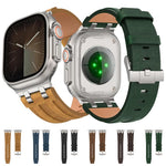 瘋馬素皮不鏽鋼銀色扣錶帶，適用於 Apple Watch 46mm / 49mm / 45mm / 44mm
