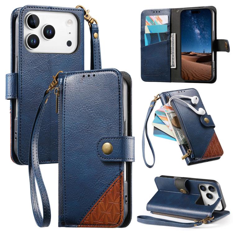 拼接拉鍊錢包素皮手機殼附背帶，適用於 iPhone 17 Pro Max、iPhone 17 Pro、iPhone 17、iPhone Air、iPhone 16 Pro Max、iPhone 16 Pro、iPhone 16 Plus、iPhone 16