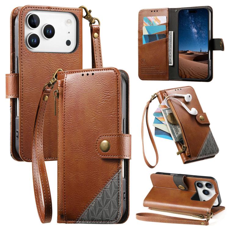 拼接拉鍊錢包素皮手機殼附背帶，適用於 iPhone 17 Pro Max、iPhone 17 Pro、iPhone 17、iPhone Air、iPhone 16 Pro Max、iPhone 16 Pro、iPhone 16 Plus、iPhone 16