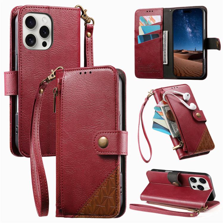 拼接拉鍊錢包素皮手機殼附背帶，適用於 iPhone 17 Pro Max、iPhone 17 Pro、iPhone 17、iPhone Air、iPhone 16 Pro Max、iPhone 16 Pro、iPhone 16 Plus、iPhone 16