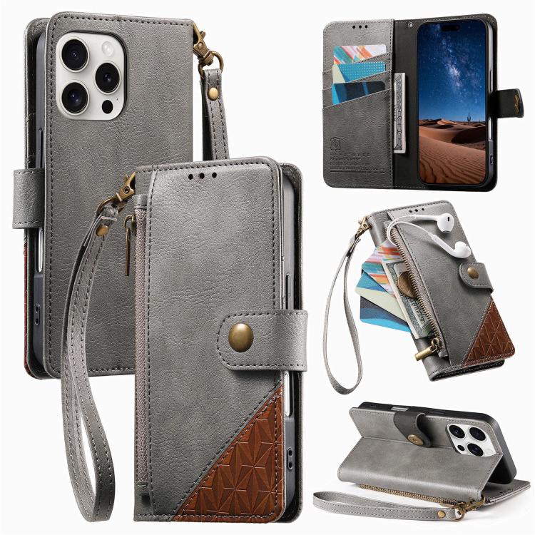 拼接拉鍊錢包素皮手機殼附背帶，適用於 iPhone 17 Pro Max、iPhone 17 Pro、iPhone 17、iPhone Air、iPhone 16 Pro Max、iPhone 16 Pro、iPhone 16 Plus、iPhone 16