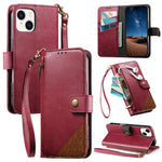 拼接拉鍊錢包素皮手機殼附背帶，適用於 iPhone 15 Pro Max、iPhone 15 Pro、iPhone 15 Plus、iPhone 15
