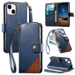 拼接拉鍊錢包素皮手機殼附背帶，適用於 iPhone 15 Pro Max、iPhone 15 Pro、iPhone 15 Plus、iPhone 15