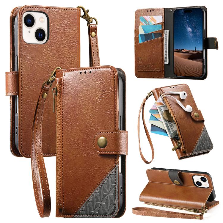 拼接拉鍊錢包素皮手機殼附背帶，適用於 iPhone 15 Pro Max、iPhone 15 Pro、iPhone 15 Plus、iPhone 15