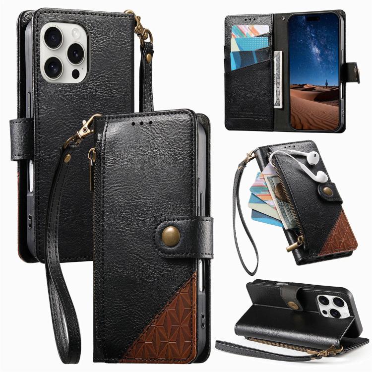 拼接拉鍊錢包素皮手機殼附背帶，適用於 iPhone 15 Pro Max、iPhone 15 Pro、iPhone 15 Plus、iPhone 15
