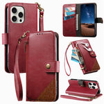 拼接拉鍊錢包素皮手機殼附背帶，適用於 iPhone 15 Pro Max、iPhone 15 Pro、iPhone 15 Plus、iPhone 15