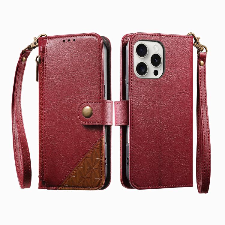 拼接拉鍊錢包素皮手機殼附背帶，適用於 iPhone 15 Pro Max、iPhone 15 Pro、iPhone 15 Plus、iPhone 15