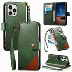 拼接拉鍊錢包素皮手機殼附背帶，適用於 iPhone 15 Pro Max、iPhone 15 Pro、iPhone 15 Plus、iPhone 15