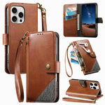 拼接拉鍊錢包素皮手機殼附背帶，適用於 iPhone 15 Pro Max、iPhone 15 Pro、iPhone 15 Plus、iPhone 15