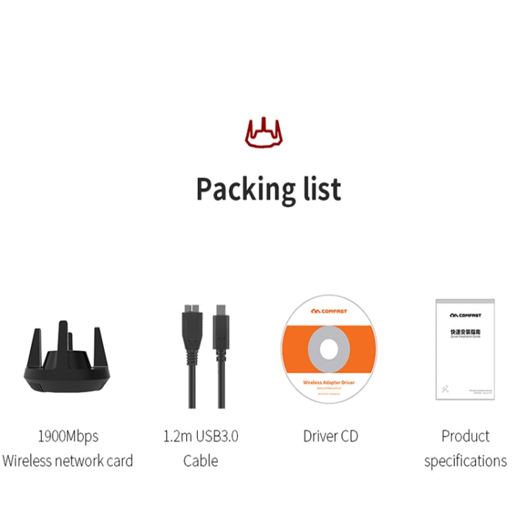 Comfast CF-958AC高功率PA WiFi適配器 1900Mbps千兆電競網卡 2.4Ghz+5.8Ghz USB 3.0 PC網路接收器