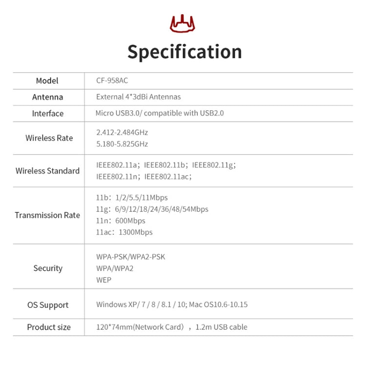 Comfast CF-958AC高功率PA WiFi適配器 1900Mbps千兆電競網卡 2.4Ghz+5.8Ghz USB 3.0 PC網路接收器