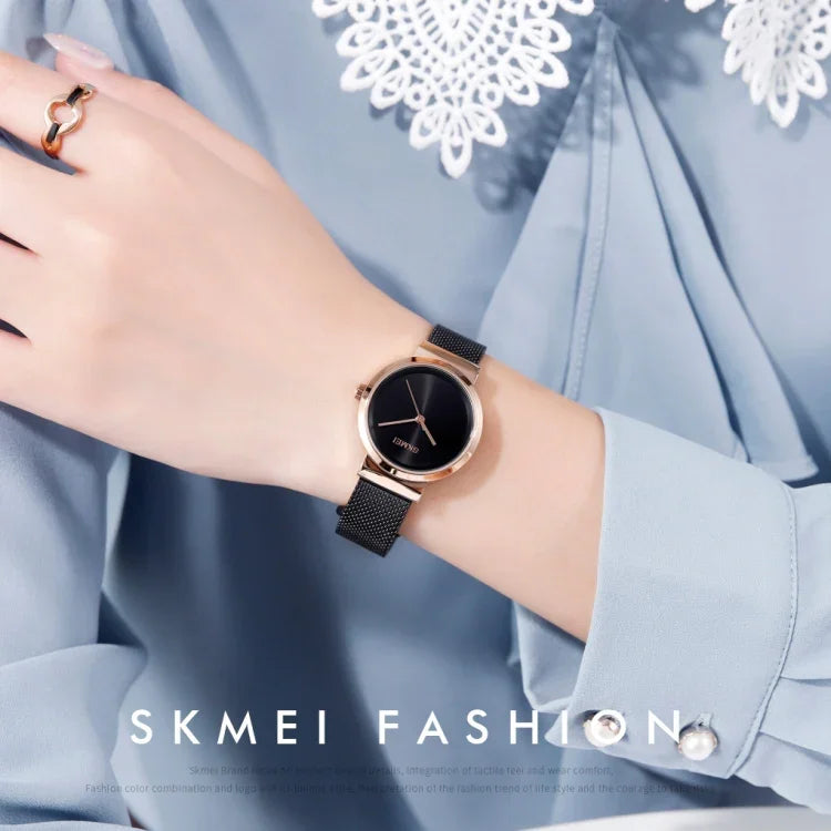 Skmei 1595 時尚優雅無刻度鋼網帶女錶，防水商務學生石英錶，女性用