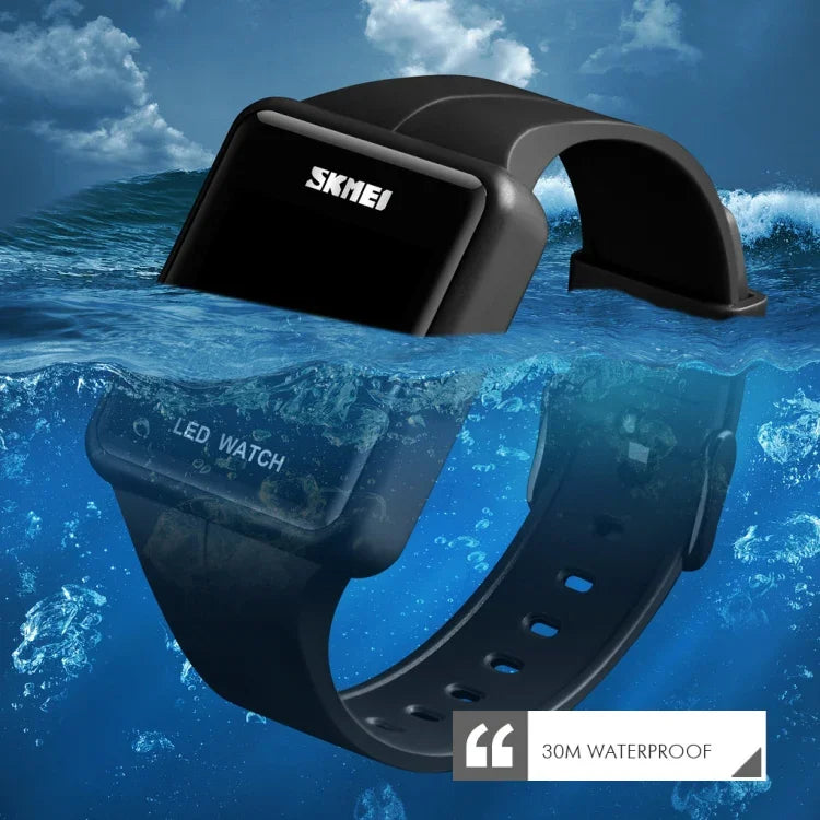 SKMEI 1541 時尚LED方形情侶款防水電子錶，矽膠錶帶