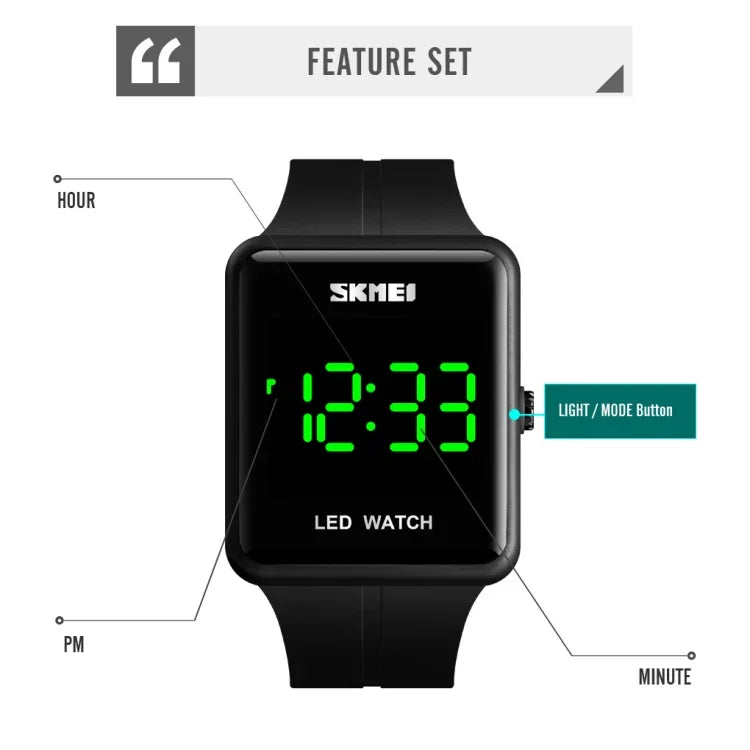 SKMEI 1541 時尚LED方形情侶款防水電子錶，矽膠錶帶