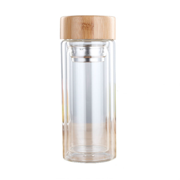 帶濾網竹蓋雙層玻璃水茶瓶 簡約便攜戶外瓶，350ML，450ML