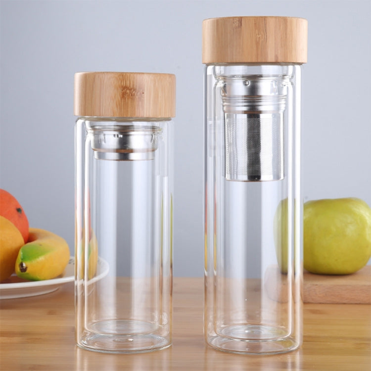 帶濾網竹蓋雙層玻璃水茶瓶 簡約便攜戶外瓶，350ML，450ML