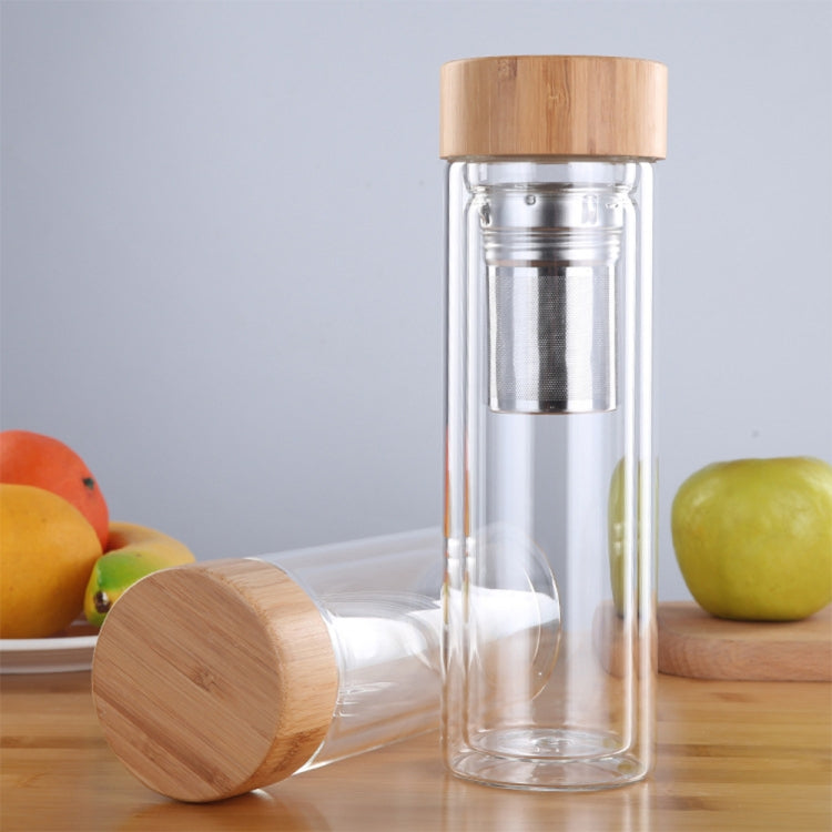 帶濾網竹蓋雙層玻璃水茶瓶 簡約便攜戶外瓶，350ML，450ML