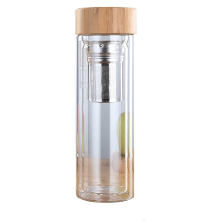 帶濾網竹蓋雙層玻璃水茶瓶 簡約便攜戶外瓶，350ML，450ML