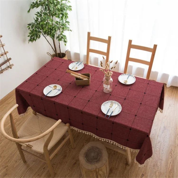 方格刺繡桌布純色棉麻流蘇長方形咖啡桌墊，140x220cm，140x240cm，140x260cm，140x300cm