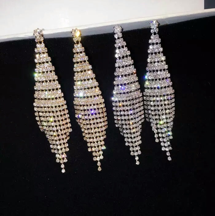 Super Flash Diamond Two-color Tassel Earrings for Women, Gold clip earings, Gold stud earings, Silver clip earings, Silver stud earings