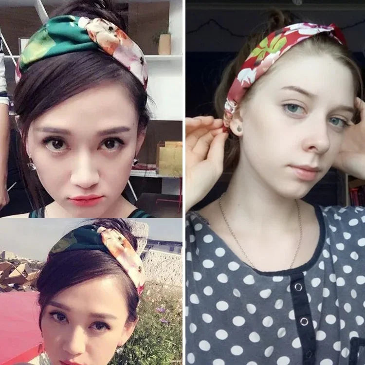 5件套復古花卉印花女士經典交叉髮帶