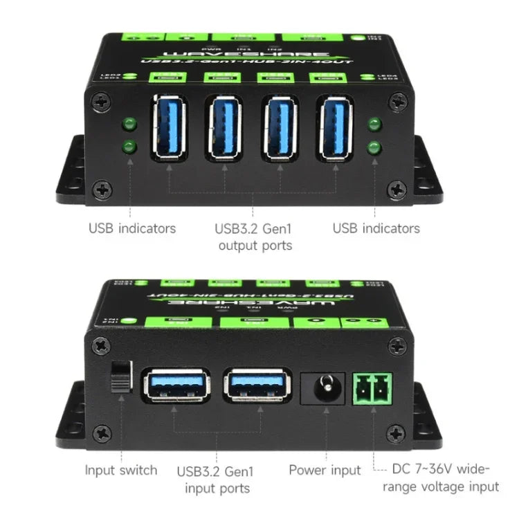 Waveshare 23929 USB 集線器，擴展 4 個 USB 3.2 埠，可切換雙主機，多重保護，23929