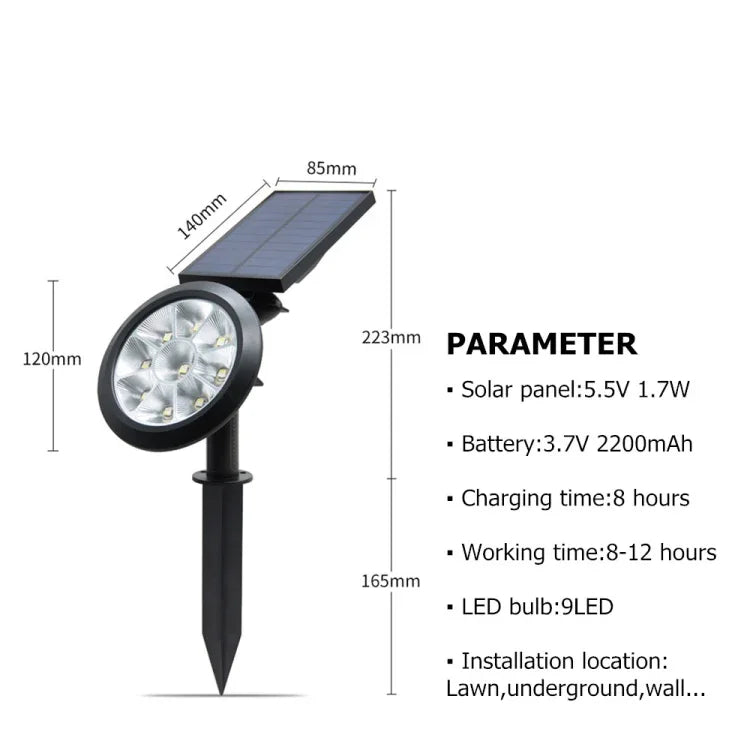 9 LED 太陽能花園燈 LED 戶外花園可調 IP65 防水燈，彩色變換，暖白光 + 白光