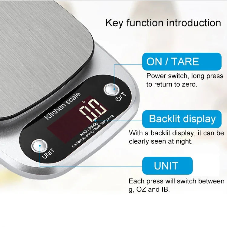 BOH-C305 廚房不鏽鋼 LCD 電子秤，規格：5kg/0.1g，5kg/0.1g