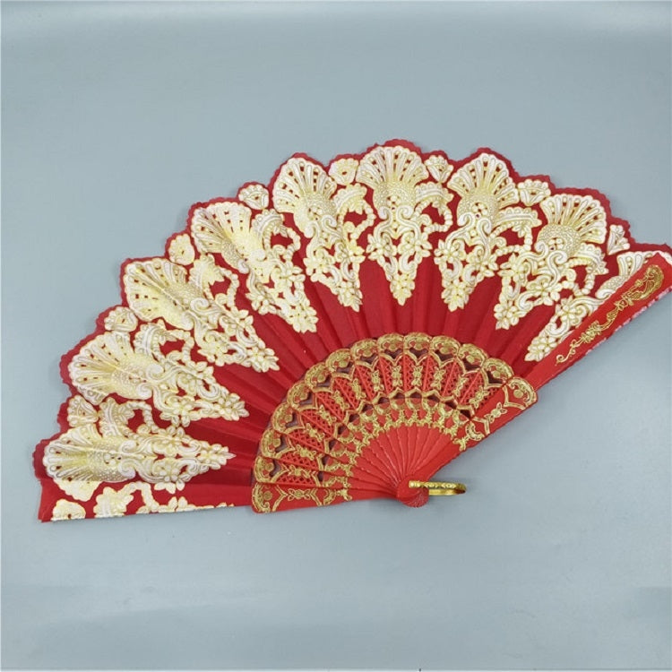 西班牙風格塑膠折扇孔雀蕾絲扇女士舞蹈鍍金扇，23x42cm