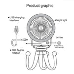 迷你章魚夜燈風扇，兒童可愛嬰兒車便攜 USB 充電風扇，隨機款式顏色出貨