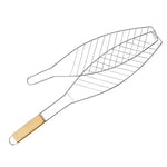 鍍鉻木柄單魚燒烤網夾 戶外烤魚夾 燒烤工具